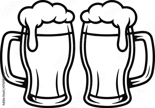 Two frothy beer mugs clinking together in a celebratory toast illustration