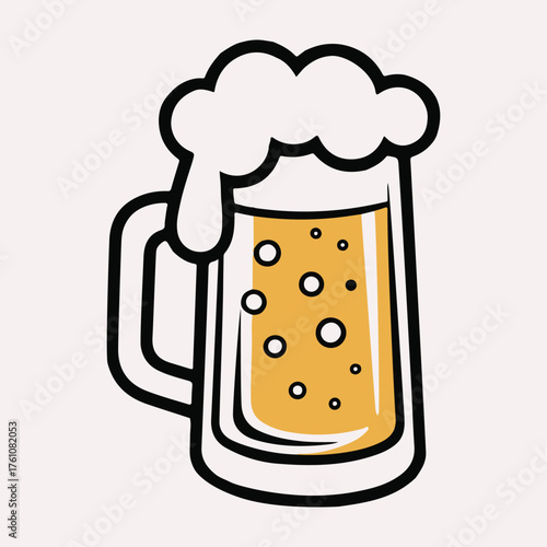Hand drawn illustration of a frothy beer mug filled with bubbly golden lager on a light pink background
