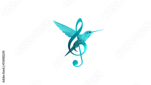 Creative graphic illustration of a vibrant teal hummingbird intricately combined with a flowing treble clef symbol, representing harmony, melody, and natural beauty.