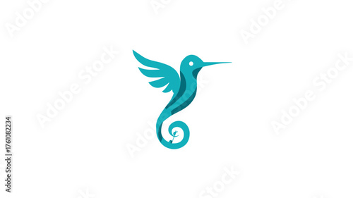 Stylized teal hummingbird seahorse hybrid vector illustration. Abstract aquatic bird design element for logo or graphic.
