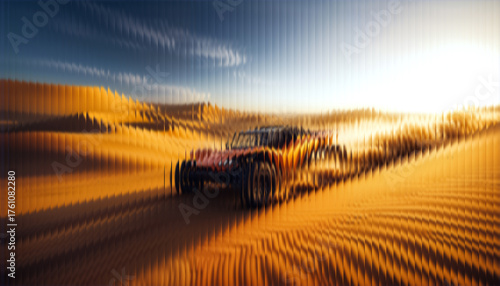 Fast Rally Racing Car Driving in Arid Desert Landscape with Glassy Reflections