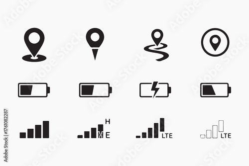 Set of black and white icons representing location markers, battery levels, and signal strength indicators