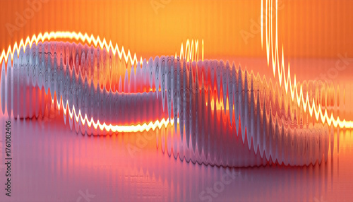 Abstract 3D Digital Wave Flow with Orange Neon Light Trails and Glass Effect