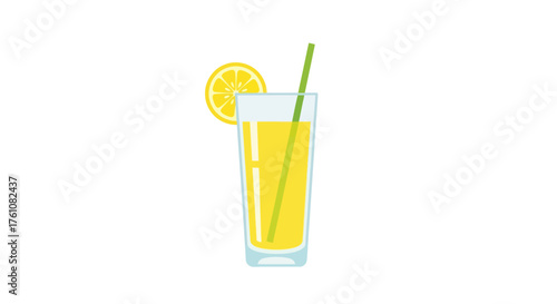 Refreshing lemonade in a tall glass with a lemon slice and green straw.