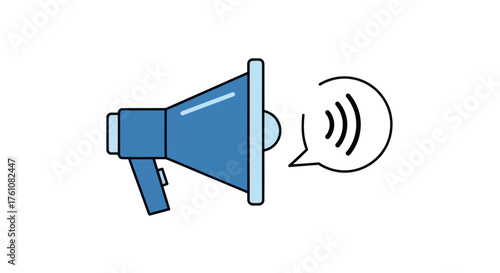 Blue Megaphone Icon with Speech Bubble for Announcement.