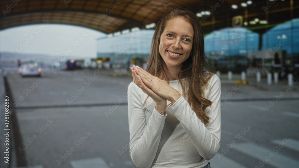 Fototapeta premium Woman clasping hands and smiling at airport terminal curbside while waiting for pickup; calm patience.