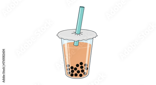 Refreshing Bubble Tea Drink with Tapioca Pearls and Straw.