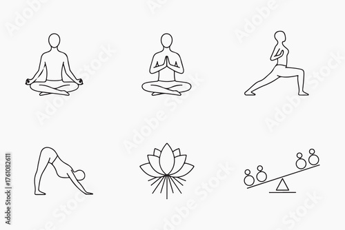 Yoga and meditation icons set of thin line vector illustrations pose, lotus, balance, and harmony