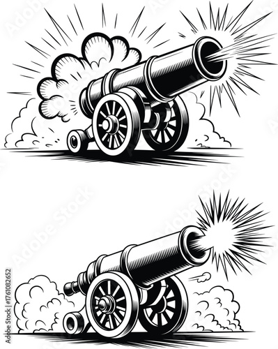 Vintage Cannon Firing Vector, Explosive War Art Illustration in Retro Style.