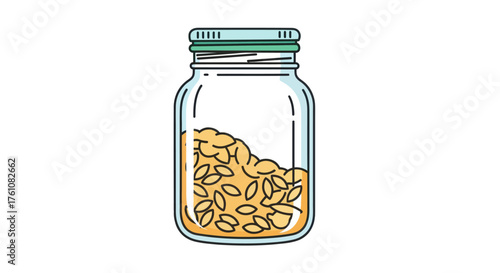 Glass jar filled with light brown seeds and a green lid.