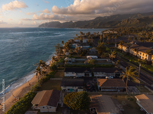 Coastal Houses and Tropical Landscape at Sunset in Oahu, Hawaii