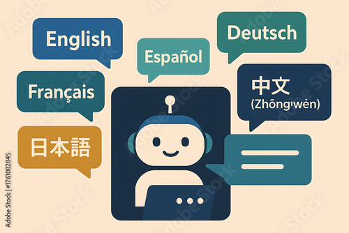 Friendly chatbot illustration communicating in multiple languages including English Spanish French German Chinese and Japanese for translation services