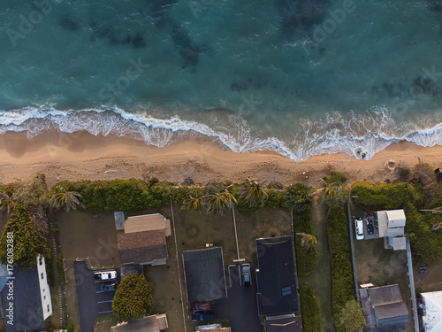 Aerial View of Tropical Beach and Coastal Houses in Oahu, Hawaii