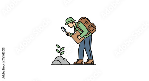 Adventurous Botanist Examining a Small Plant with Magnifying Glass.