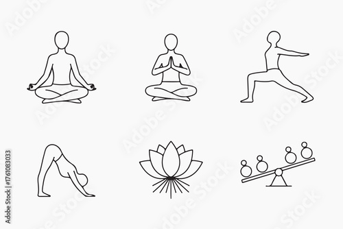 Collection of yoga poses and wellness icons includes lotus, meditation, balance, and various asanas for health and relaxation