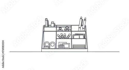 Line art illustration of a desk organizer filled with various office supplies.