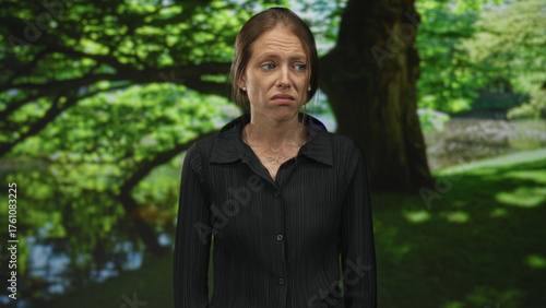 Young hispanic woman grimacing and looking aside, showing face and bare neck while standing in a green forest with large shaded trees; disgust unease.