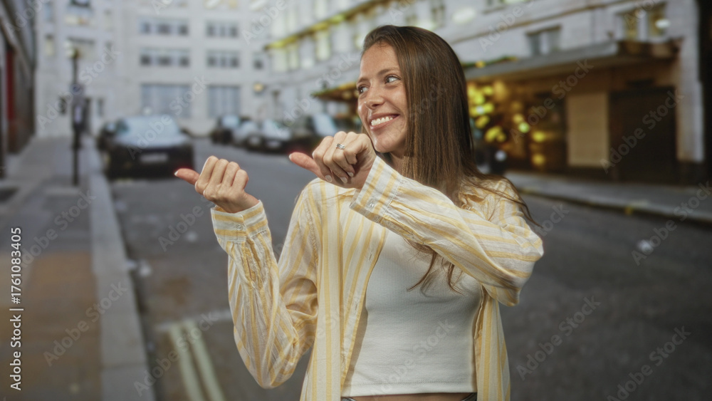 Fototapeta premium Woman points both thumbs backward on street, smiling with cropped top and visible ring on finger; playful confidence.