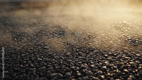 Closeup of fresh asphalt steaming on a newly paved road at sunset.
