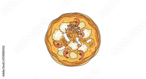 Hand-drawn golden pancake illustration with creamy topping and crunchy nuts.