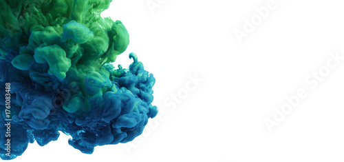 a blue and green cloud of ink in water, isolated on a white or transparent background. copy space