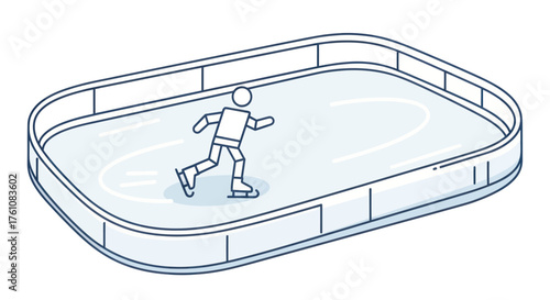A simple line art illustration of a person ice skating alone on a hockey rink.