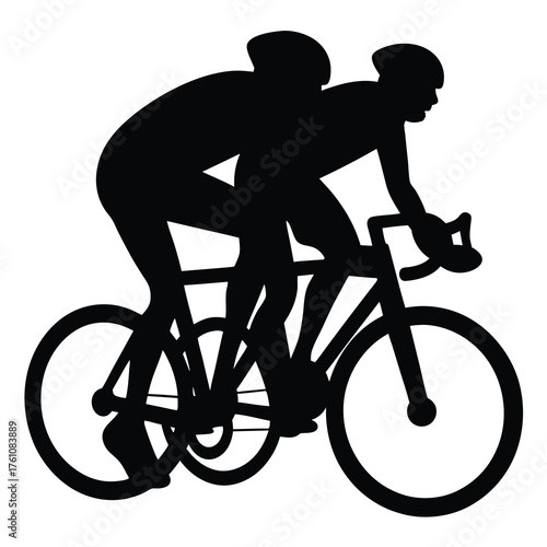 Silhouette of two cyclists racing, pushing their limits, demonstrating teamwork and athleticism