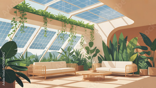 Luxury modern house architecture featuring a living room with pool and patio furniture on the terrace for summer vacation