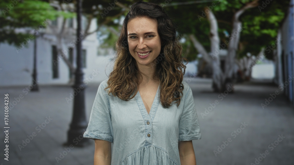 Fototapeta premium Hispanic young woman blowing kiss with hand on street by white building and leafy trees; affection.