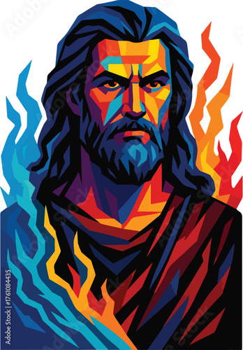 A vibrant, abstract portrait of Jesus Christ rendered in bold, geometric shapes and a striking color palette, with flames of blue and orange surrounding him.