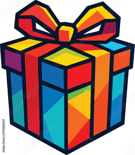 A colorful, geometric illustration of a wrapped gift box with a large bow on top.