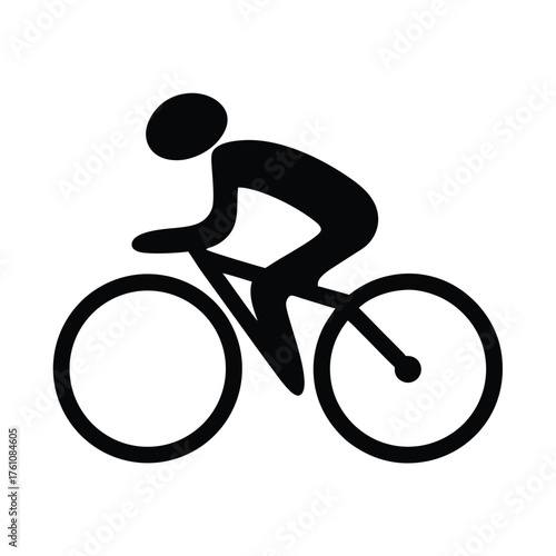 A simple black silhouette of a cyclist on a white background