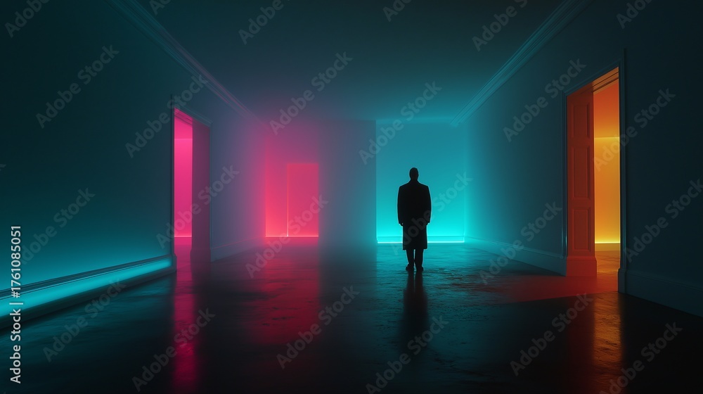 Fototapeta premium Person stands in dimly lit room with vibrant neon lighting, creating mysterious atmosphere. room features cyan, pink, and orange illuminated doorways, casting colorful reflections on floor