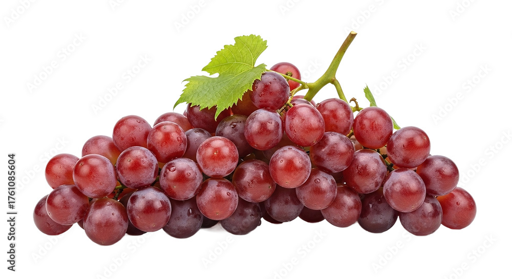 Fototapeta premium Fresh ripe red grapes bunch with green leaf and water droplets, isolated on transparent background