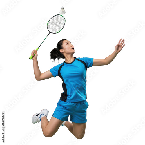 Dynamic badminton player executes powerful overhead smash in mid air against black background