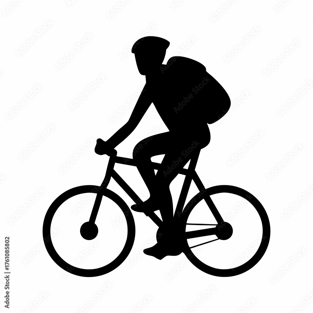 Fototapeta premium Silhouette of a cyclist with backpack riding a bicycle on a white background