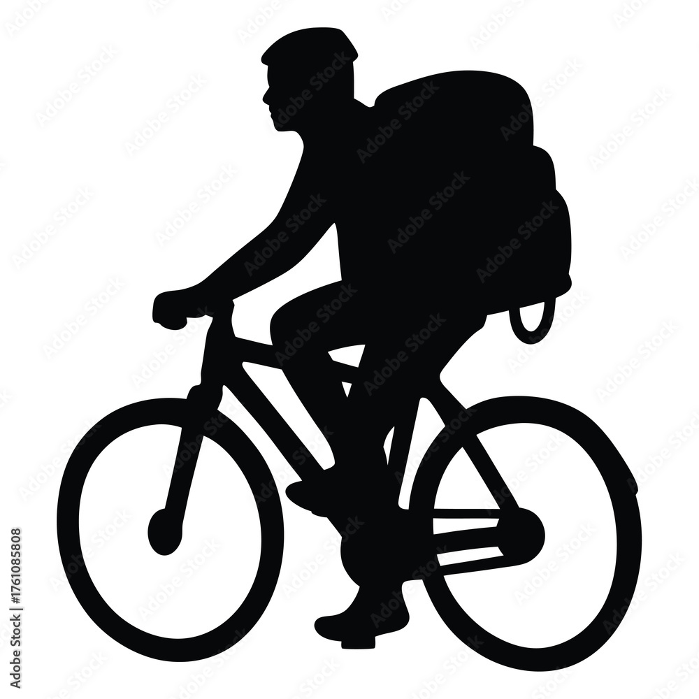 Obraz premium Silhouette of cyclist with backpack on a white background, illustration
