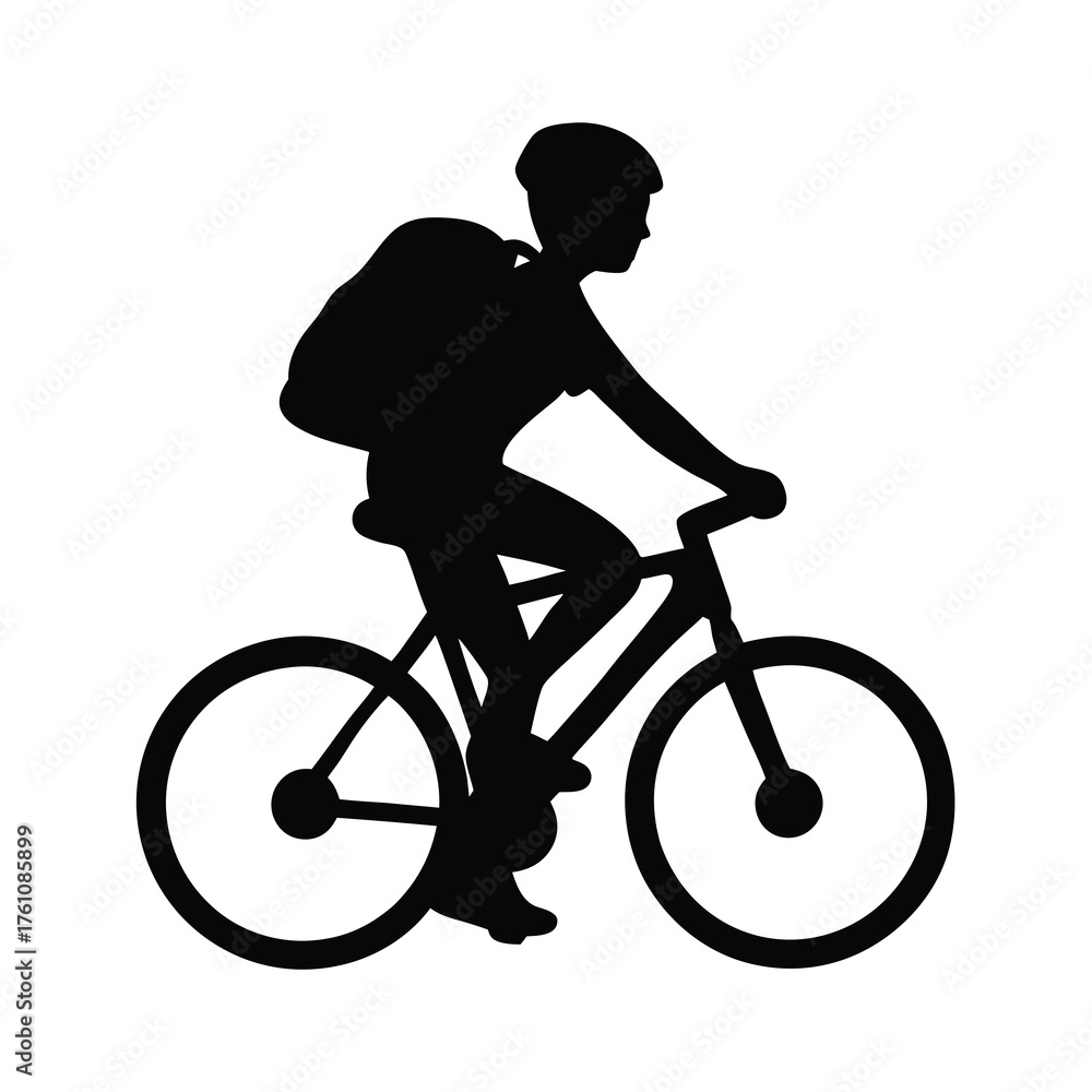 Fototapeta premium Silhouette of a person riding a bicycle with a backpack on