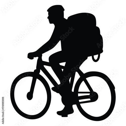 Silhouette of cyclist with backpack on a white background, illustration