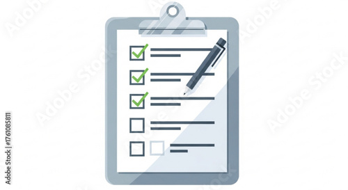 Clipboard checklist task list with check marks and pen for project management and planning vector design