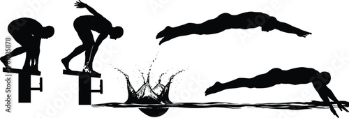 Swimmer diving sequence, competitive swimming silhouette, athletic dive motion, underwater glide, sports training, splash entry, black figure, dynamic movement, technique