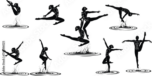 Synchronized swimmers silhouette, artistic water performance, acrobatic poses, elegant jumps, aquatic sport, synchronized swimming, water splash, graceful movement, team coordination