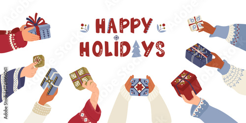 Christmas banner with diverse female and male hands holding gift boxes. Arms gives presents, festive isolated design for New Year. Xmas holiday with new year souvenirs in Scandinavian style.