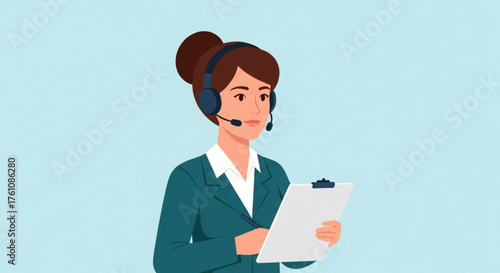 Customer service representative with headset and clipboard vector illustration for business and support 100