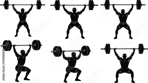 Weightlifting silhouette, clean and jerk illustration, gym workout pose, barbell lift stages, fitness training, strength exercise, black vector art