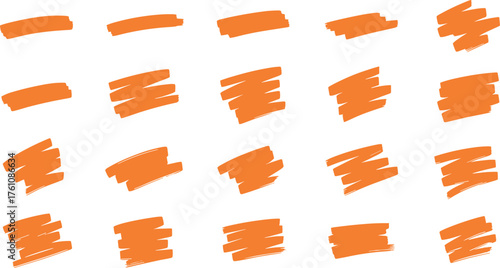 A collection of hand-drawn orange marker strokes and vibrant highlighter scribbles. Set of textured swatches for design, emphasis, and creative projects