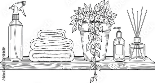 Vector illustration of household items on a wooden shelf cleaning supplies, towels, plant, and air freshener