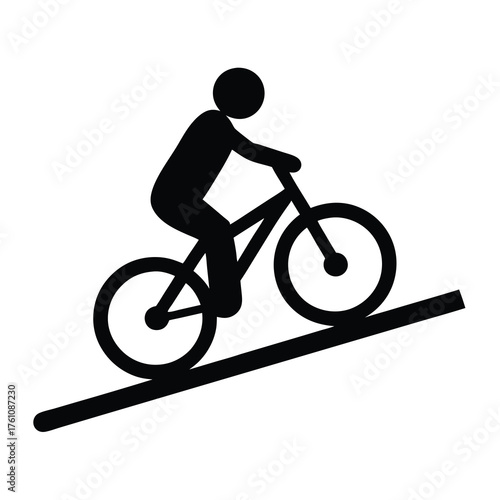 Simple black bicycle icon with person riding uphill on white background
