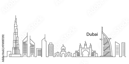 Linear panorama of the city of Dubai in Saudi Arabia. skyscrapers and modern architecture. vector illustration continuous line on a white background