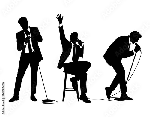 Dynamic trio of charismatic male singers performing live on stage, captivating performance art